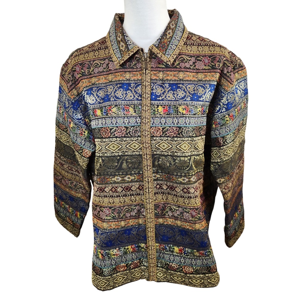 Chicos Design Sz 3 XL Patchwork Metallic Tapestry Jacket Grannycore Boxy Vtg 80s